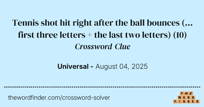 Tennis shot hit right after the ball bounces (... first three letters + the last two letters) crossword clue image