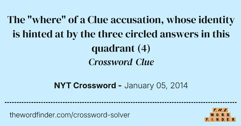 The "where" of a Clue accusation, whose identity is hinted at by the three circled answers in this quadrant crossword clue image