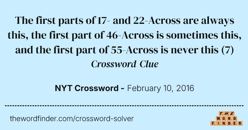 The first parts of 17- and 22-Across are always this, the first part of 46-Across is sometimes this, and the first part of 55-Across is never this crossword clue image