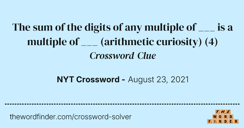 The sum of the digits of any multiple of ___ is a multiple of ___ (arithmetic curiosity) crossword clue image