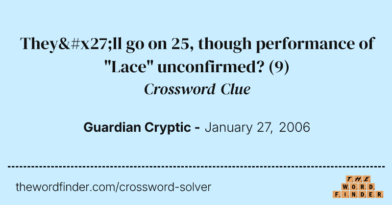 They'll go on 25, though performance of "Lace" unconfirmed? crossword clue image