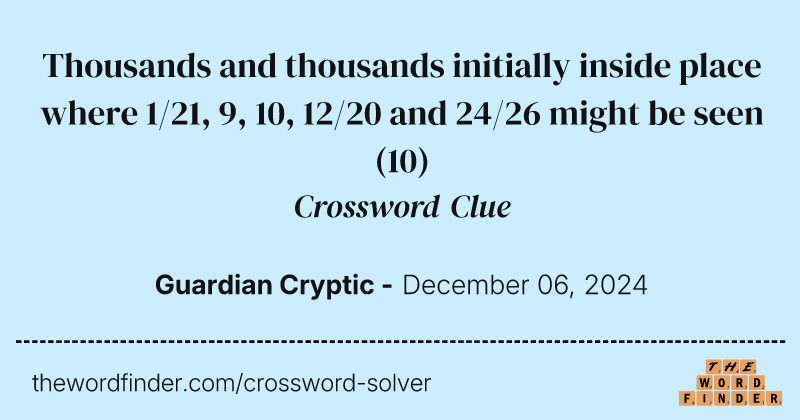 Thousands and thousands initially inside place where 1/21, 9, 10, 12/20 and 24/26 might be seen crossword clue image