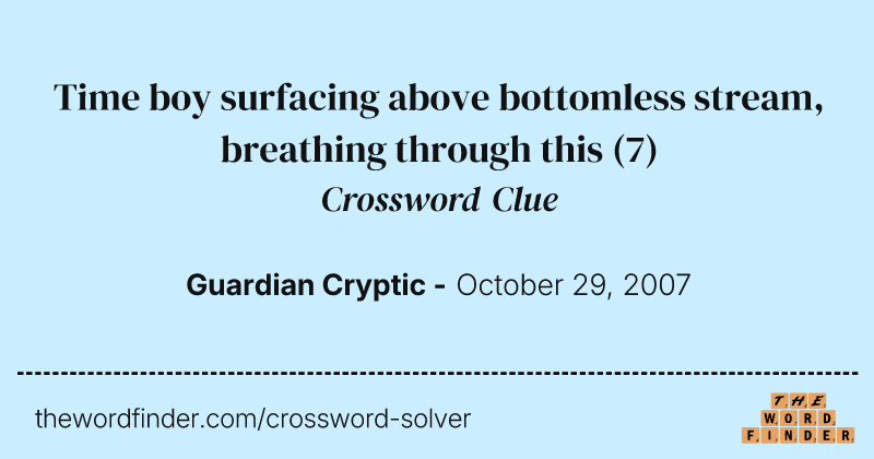 Time boy surfacing above bottomless stream, breathing through this crossword clue image