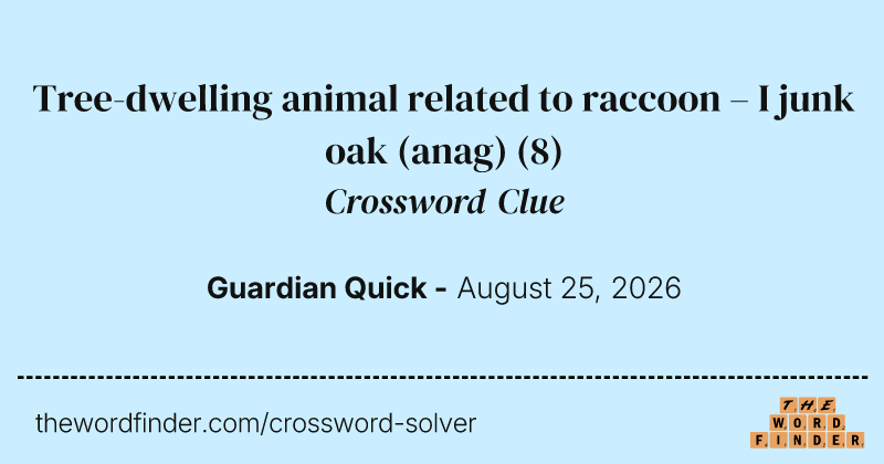 Tree-dwelling animal related to raccoon – I junk oak (anag) crossword clue image