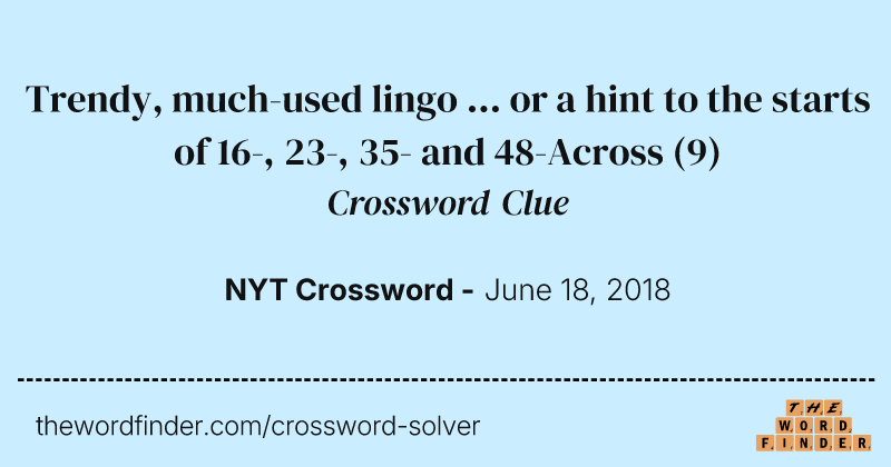 Trendy, much-used lingo ... or a hint to the starts of 16-, 23-, 35- and 48-Across crossword clue image