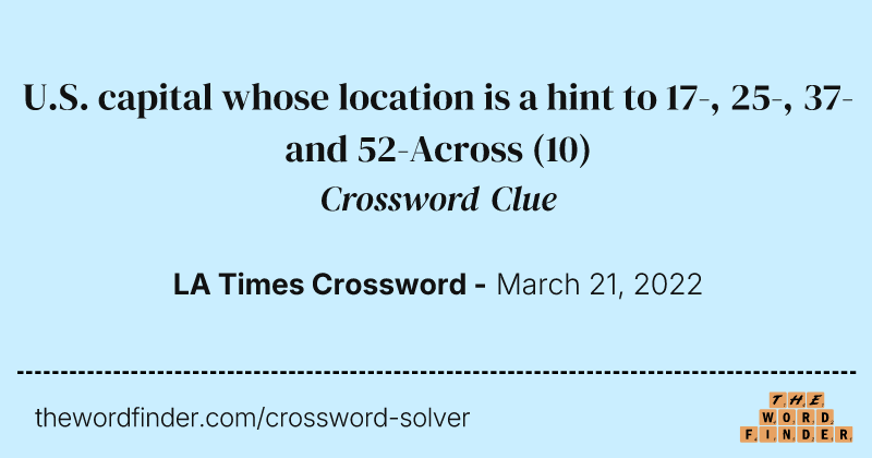 U.S. capital whose location is a hint to 17-, 25-, 37- and 52-Across crossword clue image