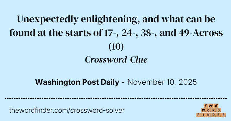Unexpectedly enlightening, and what can be found at the starts of 17-, 24-, 38-, and 49-Across crossword clue image