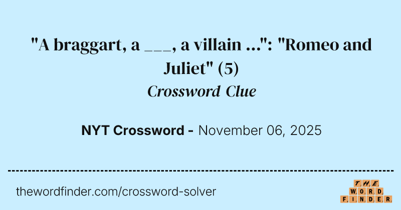 "A braggart, a ___, a villain ...": "Romeo and Juliet" crossword clue image