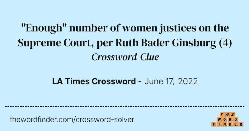 "Enough" number of women justices on the Supreme Court, per Ruth Bader Ginsburg crossword clue image