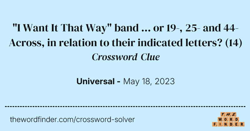 "I Want It That Way" band ... or 19-, 25- and 44-Across, in relation to their indicated letters? crossword clue image