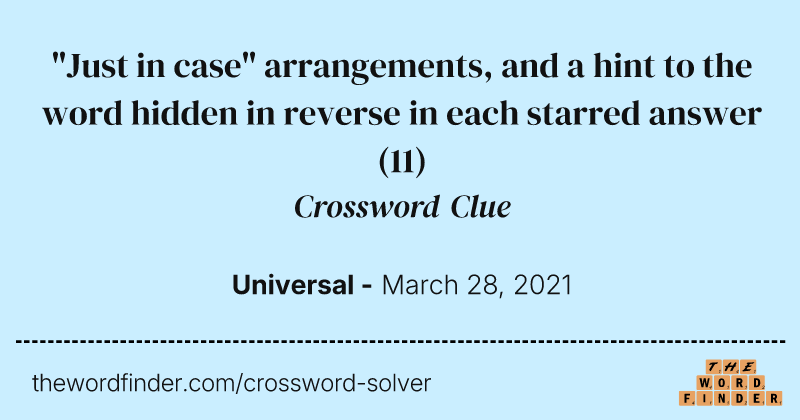 "Just in case" arrangements, and a hint to the word hidden in reverse in each starred answer crossword clue image