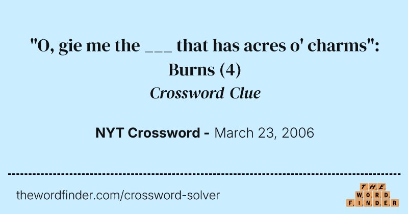 "O, gie me the ___ that has acres o' charms": Burns crossword clue image