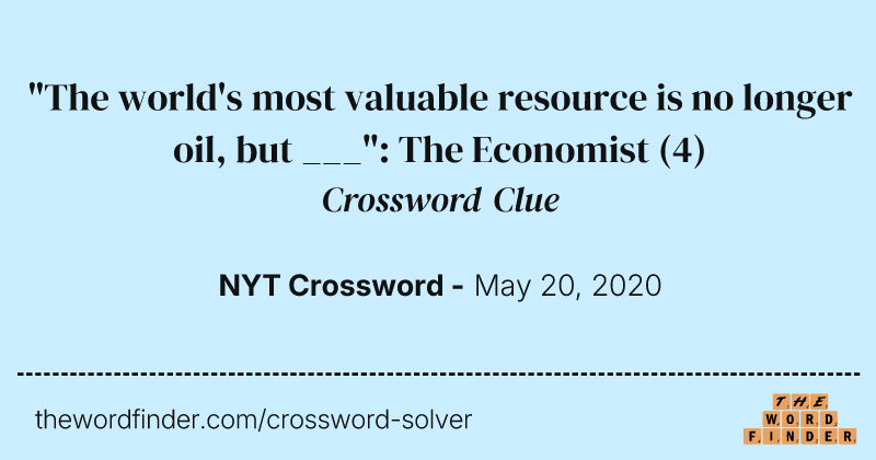 "The world's most valuable resource is no longer oil, but ___": The Economist crossword clue image