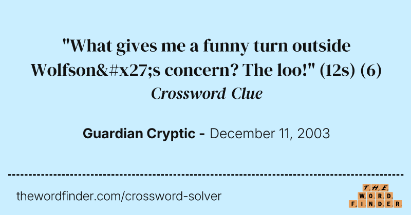 "What gives me a funny turn outside Wolfson's concern? The loo!" (12s) crossword clue image